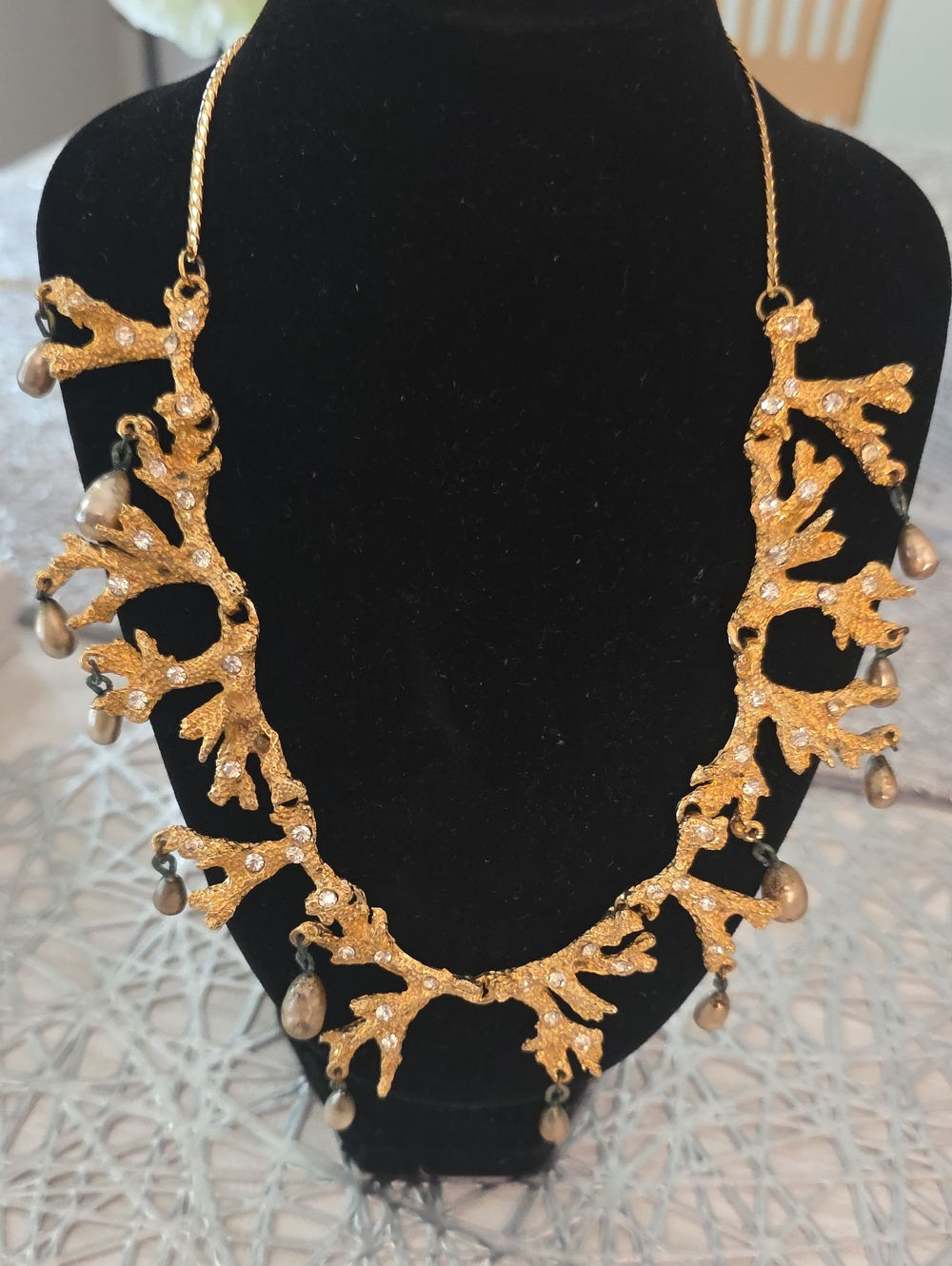 Gold Coral Branch Necklace with Pearl Drop Accents
